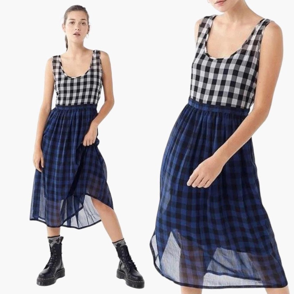 Urban Outfitters Cameron Mixed Plaid Maxi Dress Sheer w Slip High Low Oversized